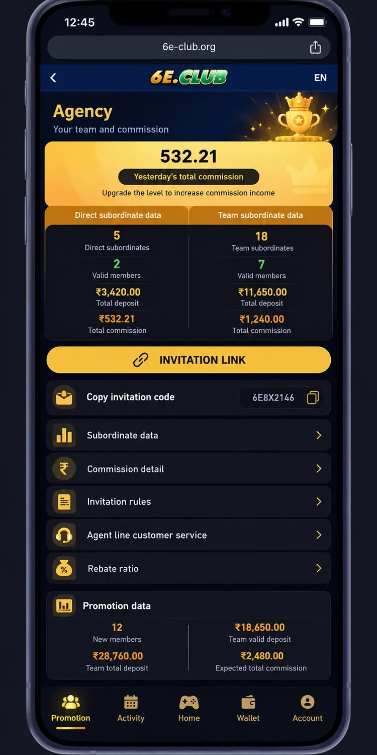 6E Club Agency screen with yesterday’s commission, invitation link and invitation code