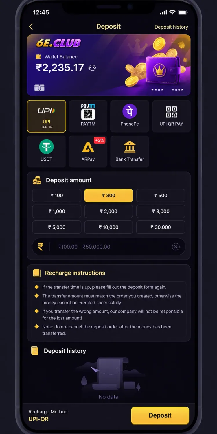 6E Club recharge instructions on the deposit screen