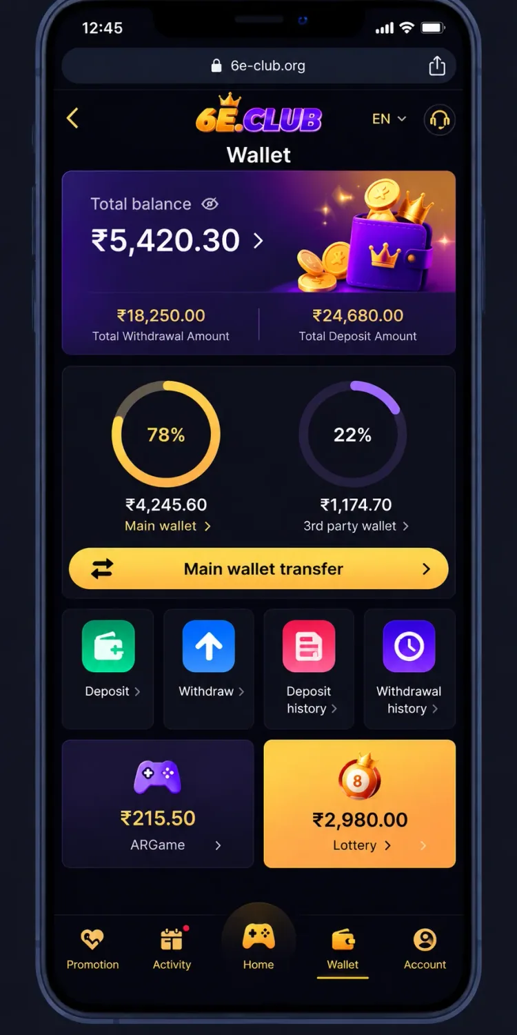 6E Club wallet phone screen for withdrawals